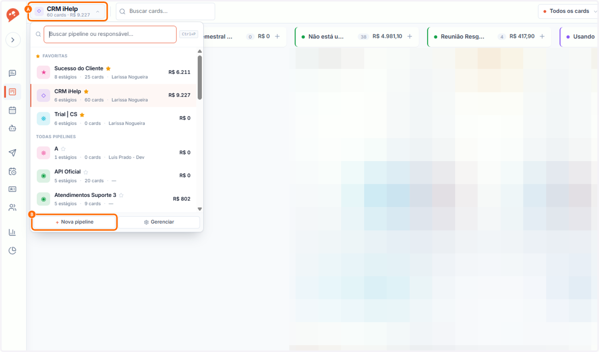 A. Clique na lista de Pipelines B. Clique em Nova Pipeline