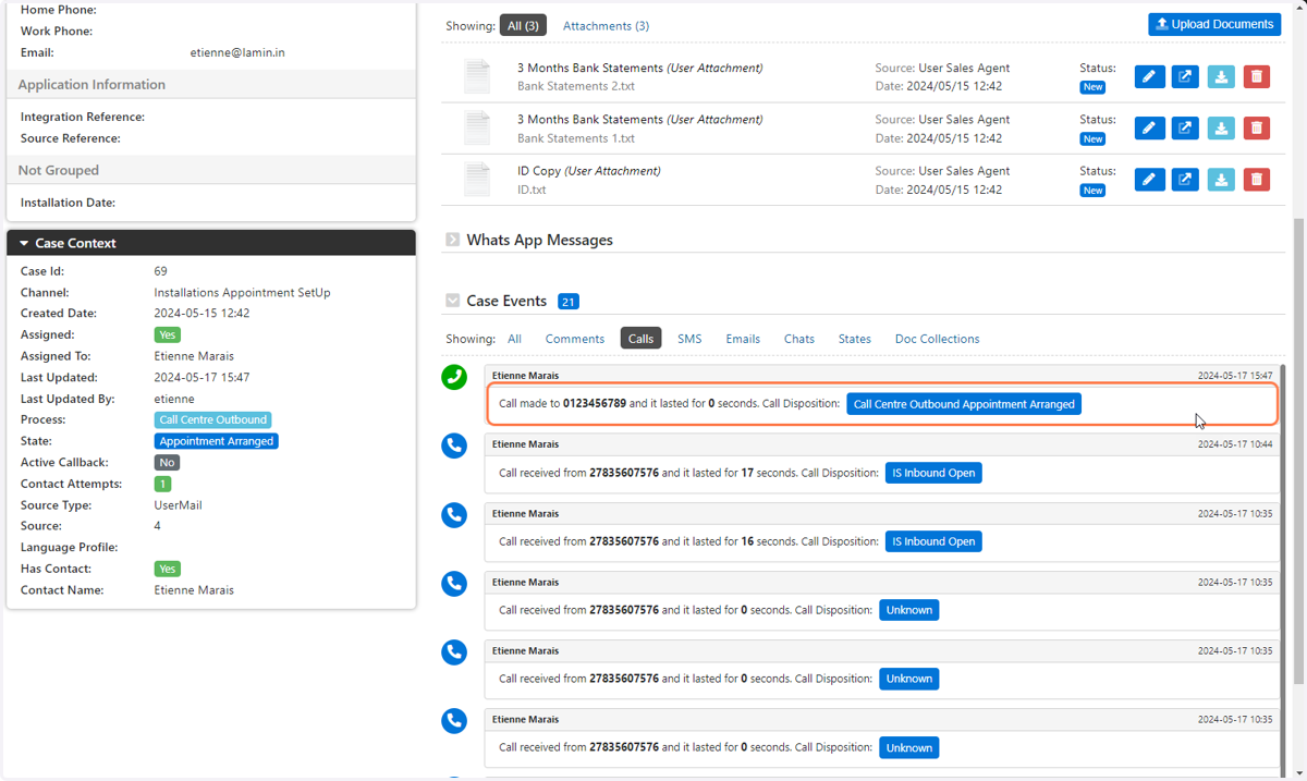 The call and call recording is now part of the customer case