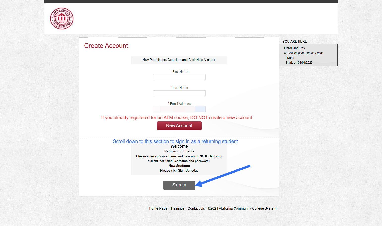Click on the new course registration link.