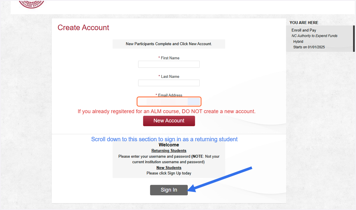 Click on the new course registration link.