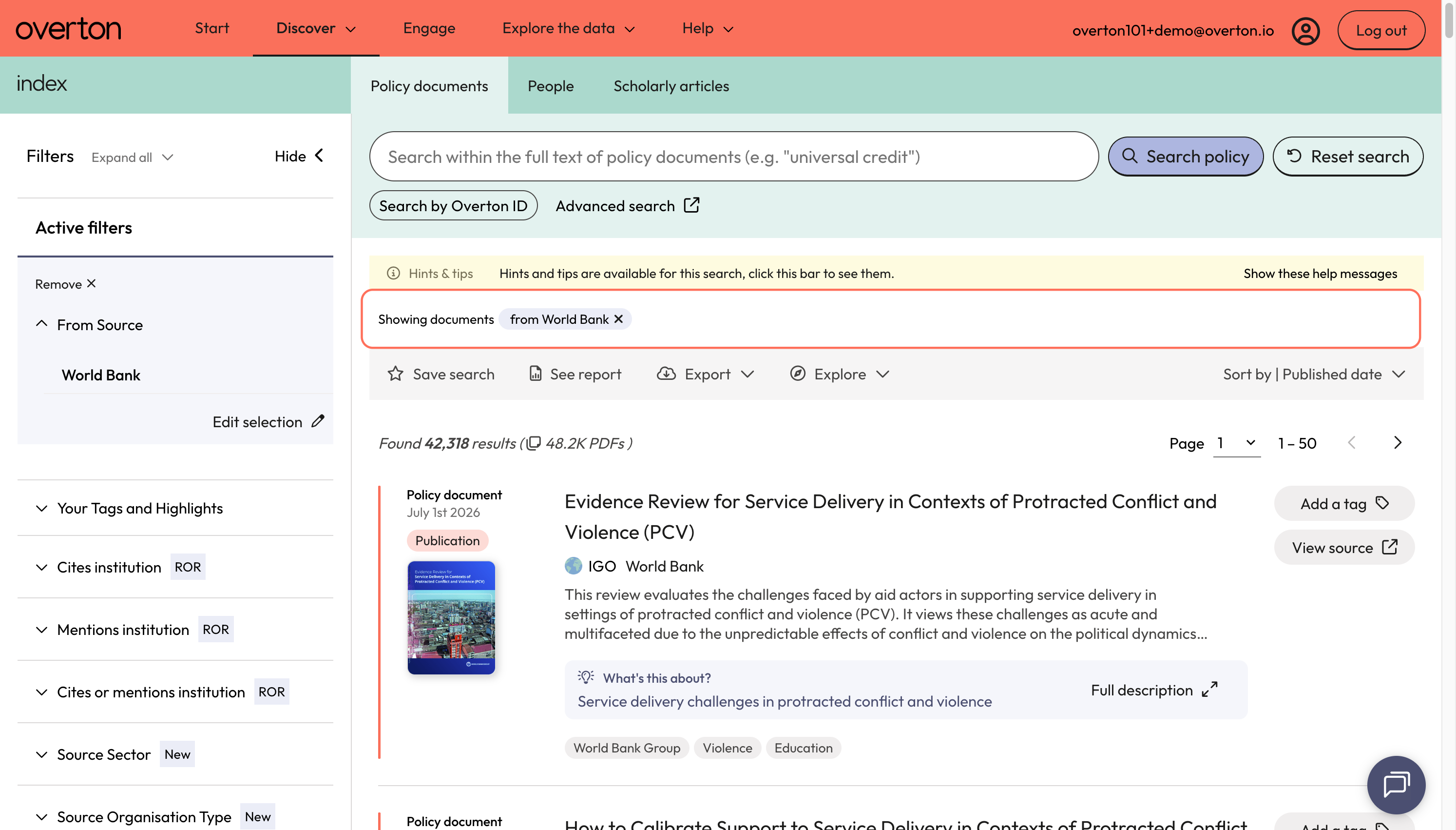 You will be taken to the 'Policy documents' page where will find all the documents in Overton from your selected policy source.
