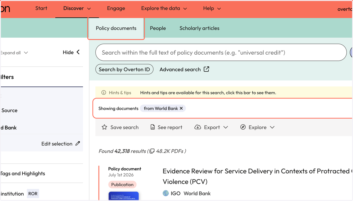 You will be taken to the 'Policy documents' page where will find all the documents in Overton from your selected policy source.