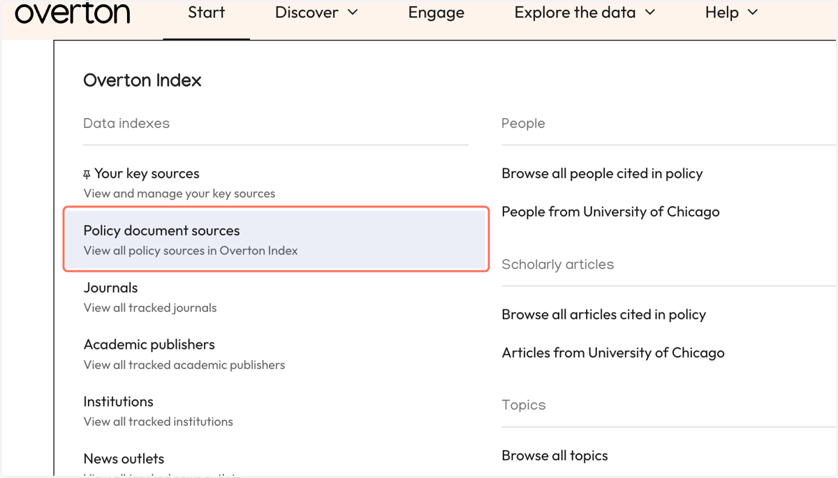 Click on the 'Explore the data' menu and select 'Policy document source' from our 'Data indexes'