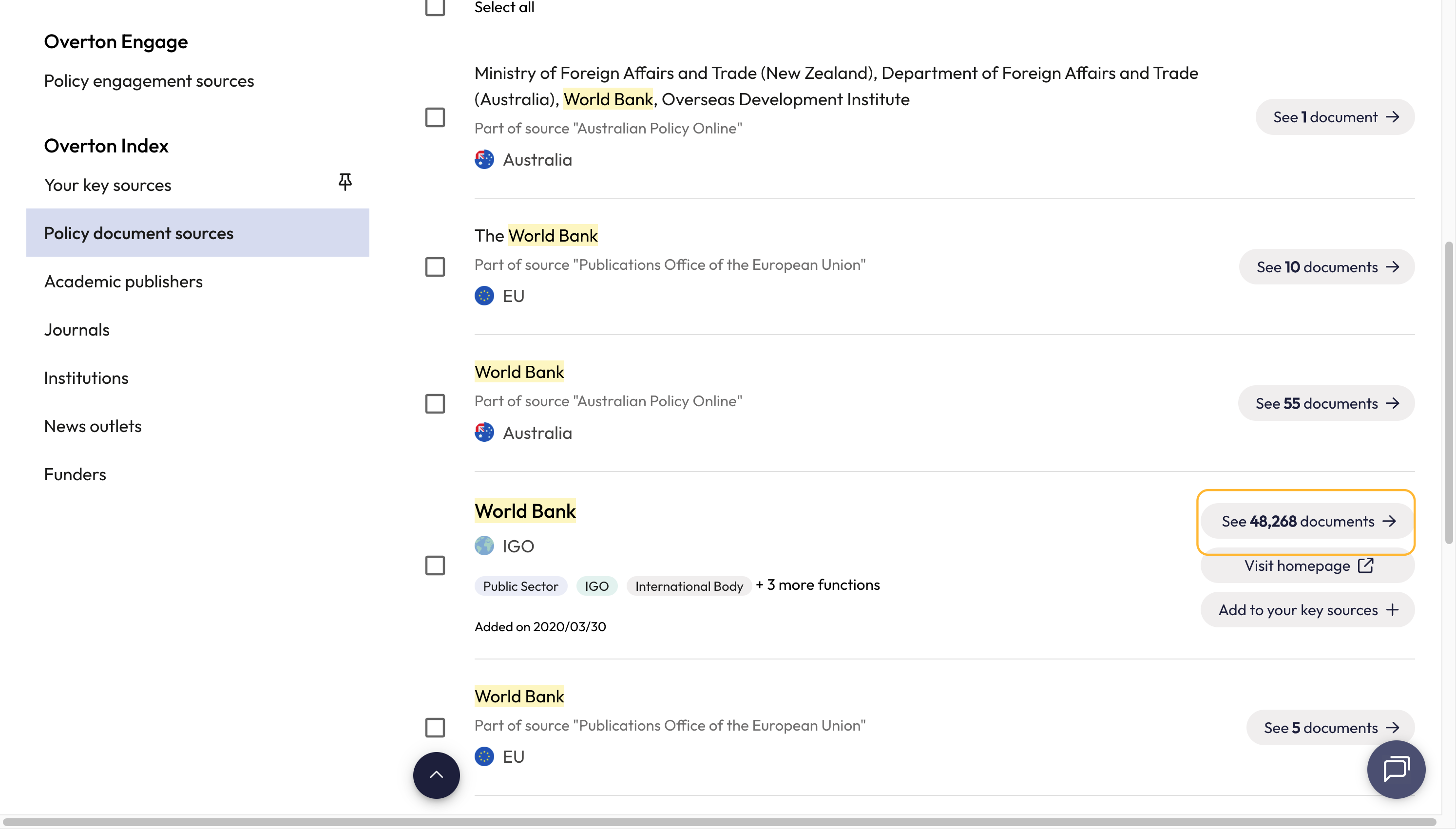 Find your targeted source from the results list. Click on the 'See X documents' to go directly to their publications in Overton.