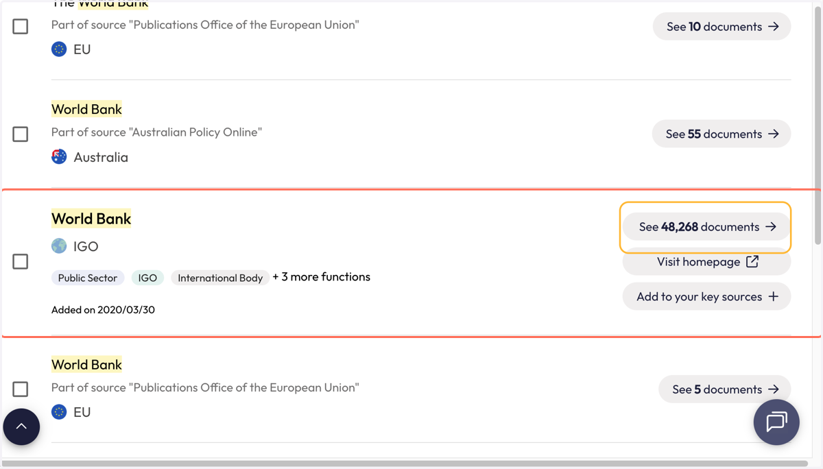 Find your targeted source from the results list. Click on the 'See X documents' to go directly to their publications in Overton.