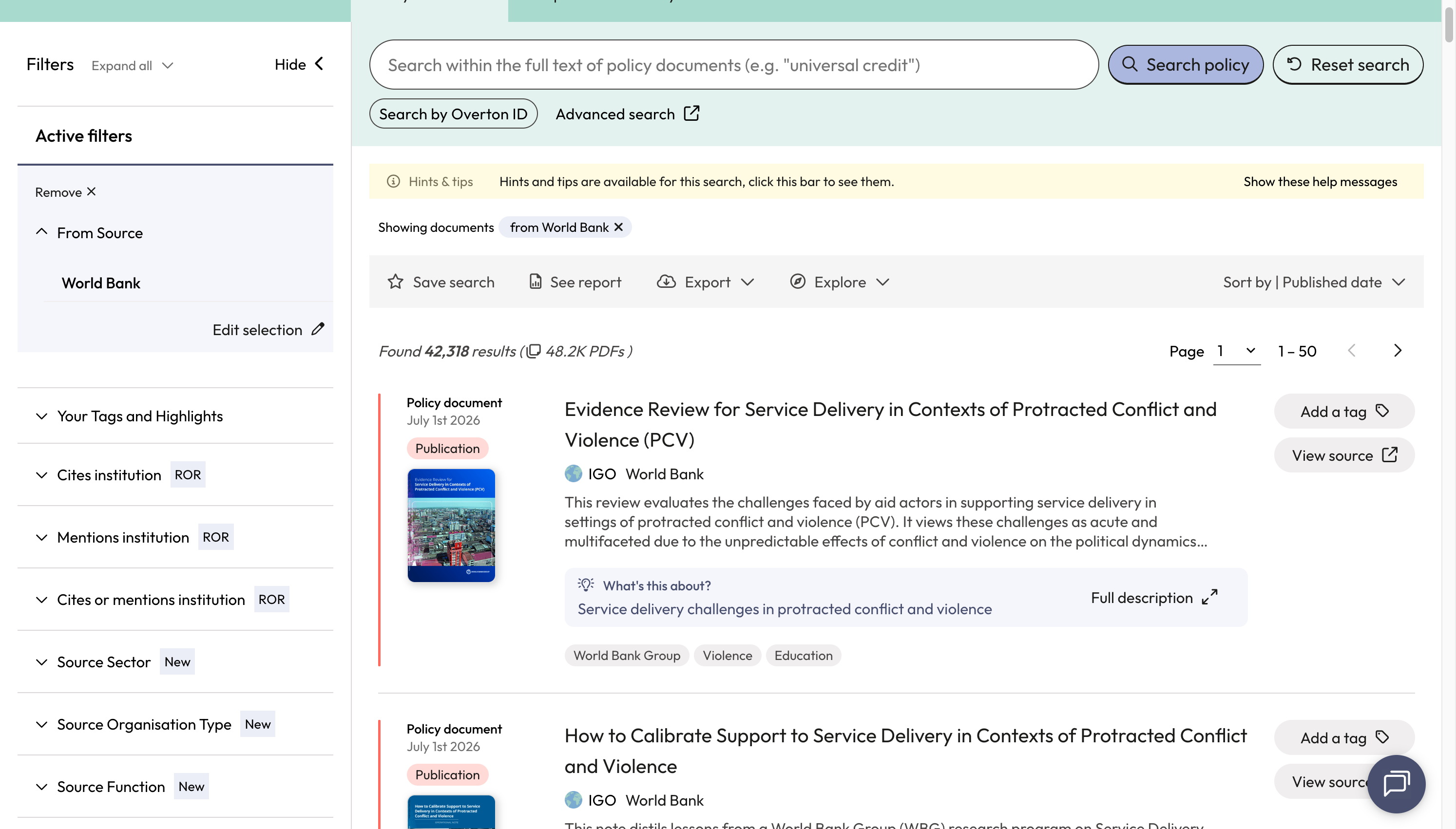 You will be taken to the 'Policy documents' page where will find all the documents in Overton from your selected policy source.