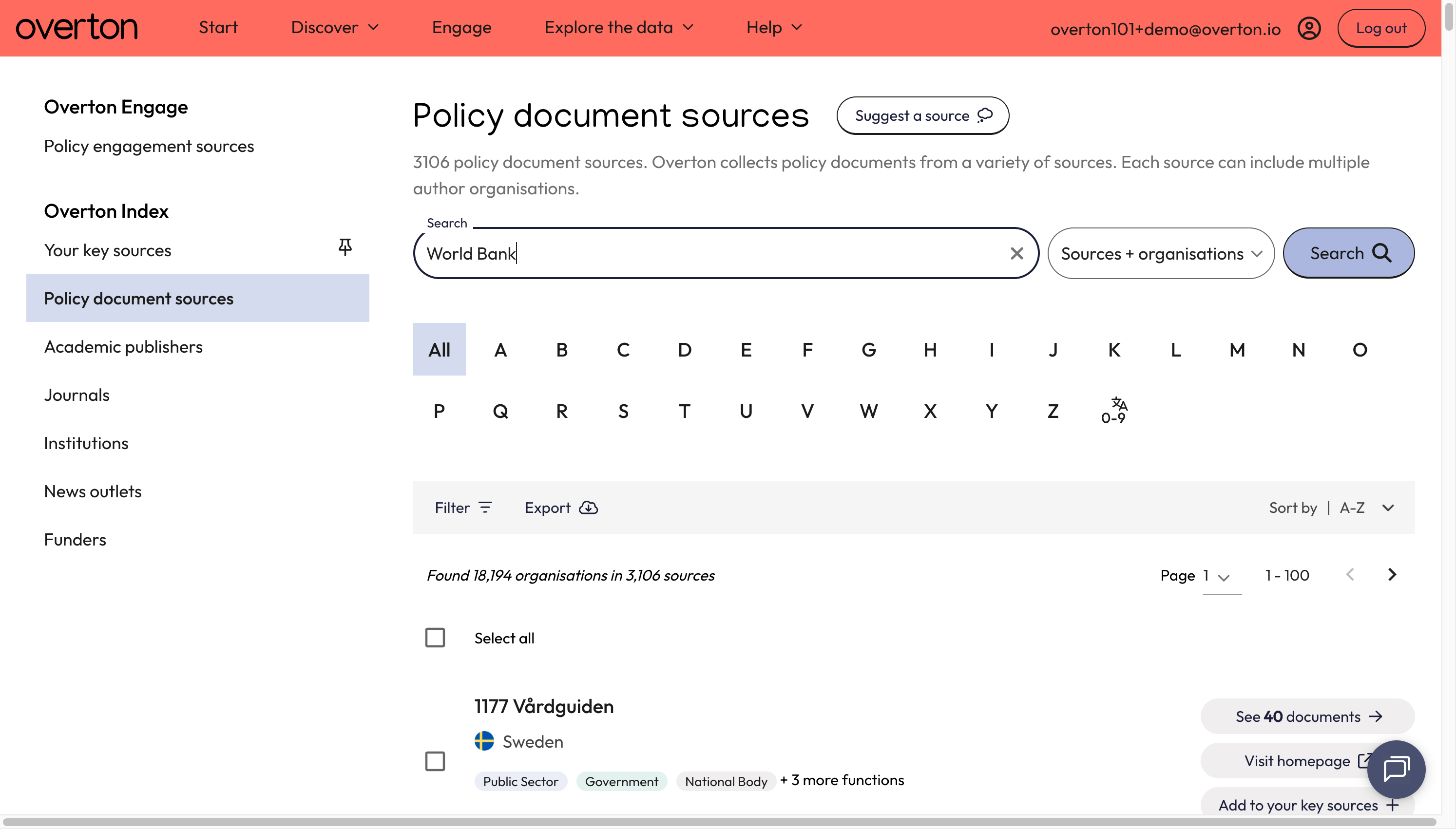 From the 'Policy document sources' page, enter the name of the policy source into the search box.