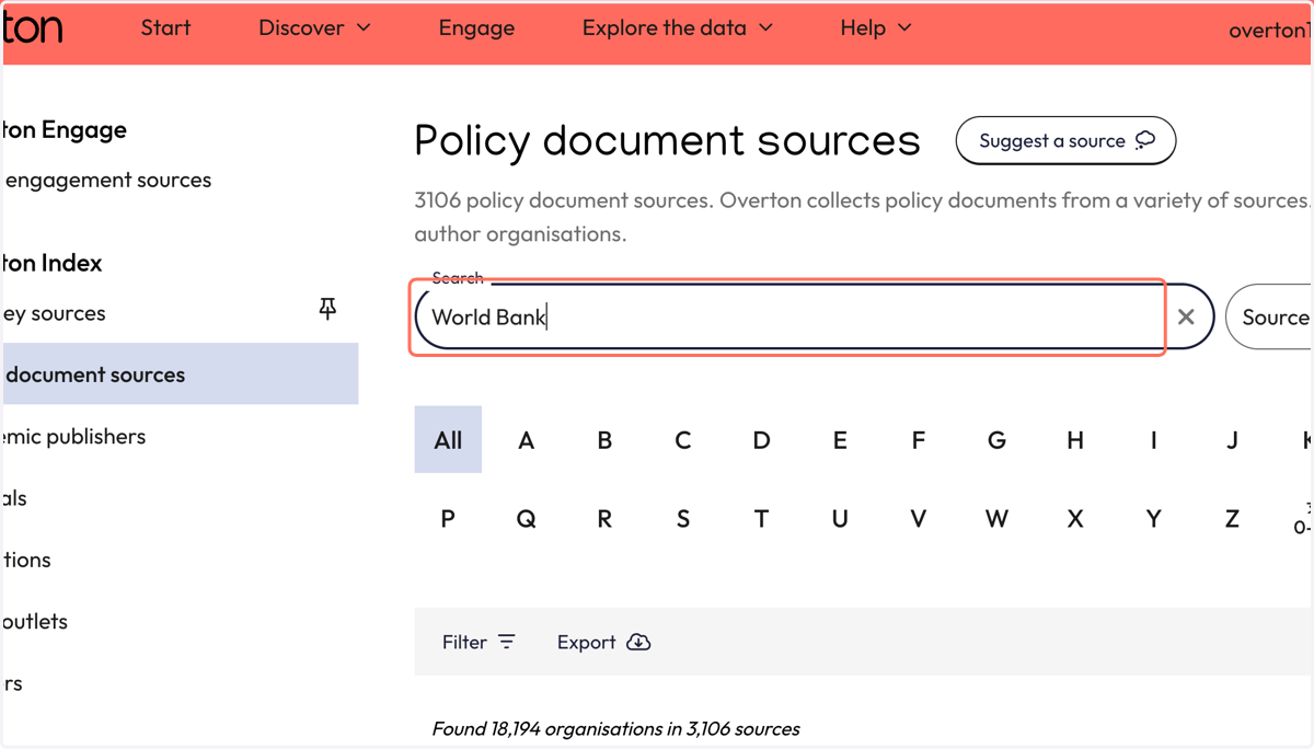 From the 'Policy document sources' page, enter the name of the policy source into the search box.