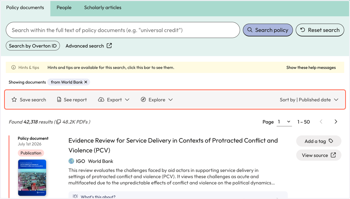 Use the action bar to save a search, generate a summary report, export* or explore further.
