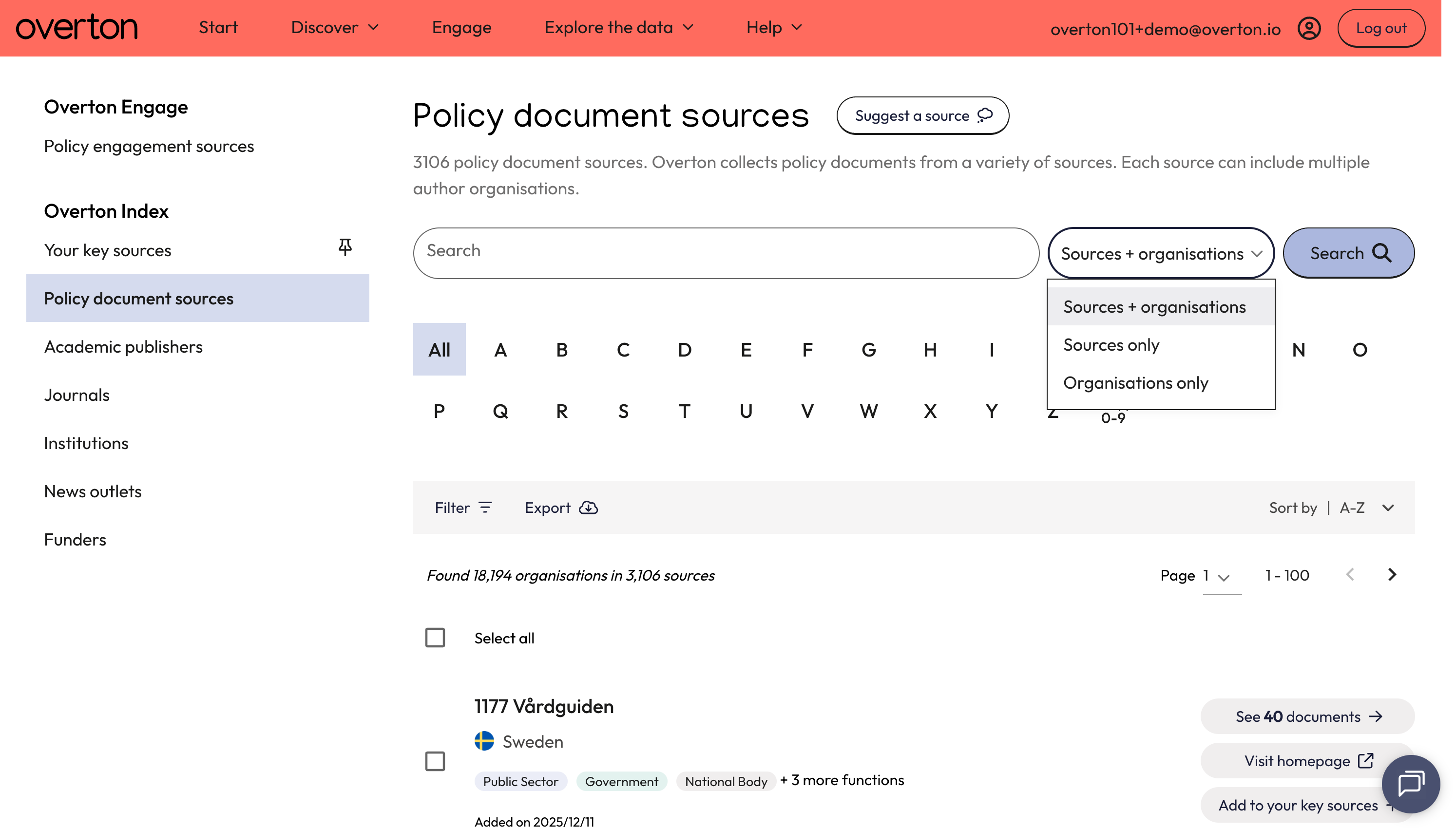 Choose if you want to search for 'Sources + organisations' or another option. The default is 'Sources + organisations'.