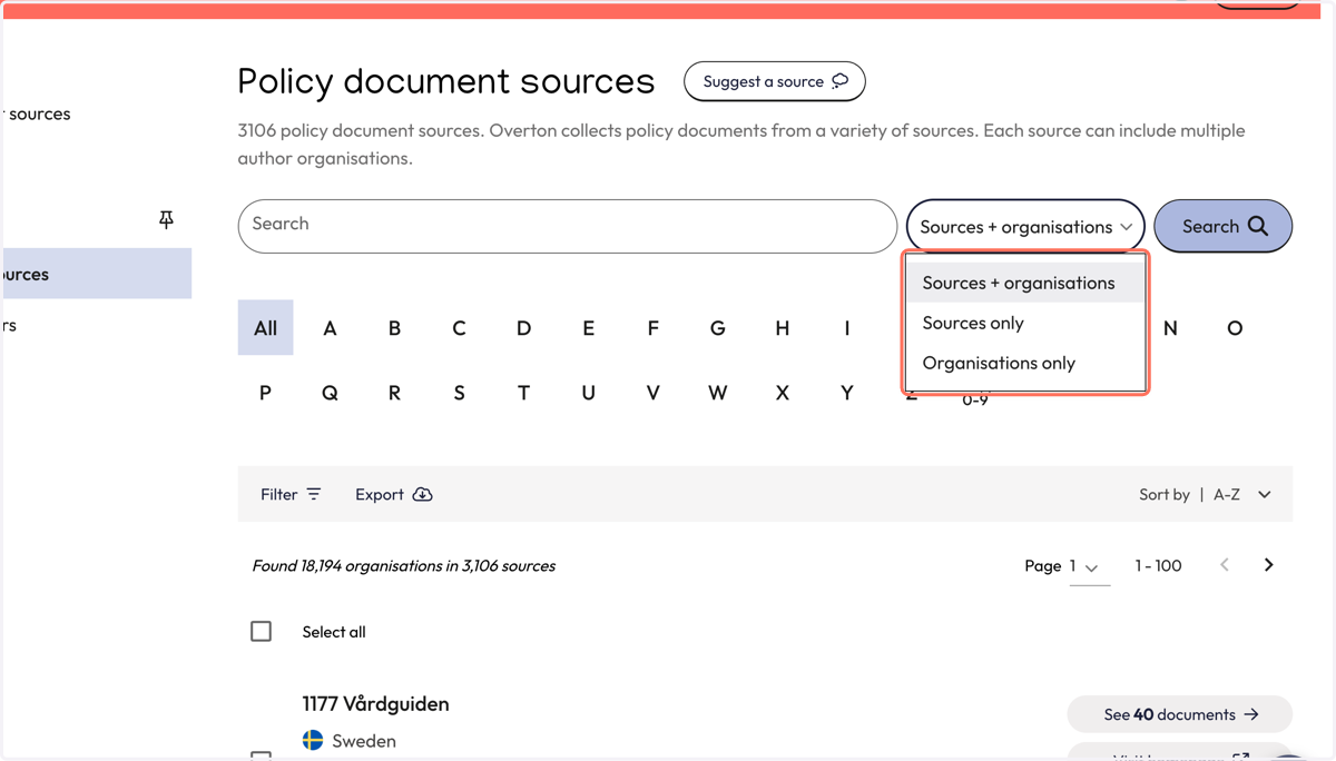 Choose if you want to search for 'Sources + organisations' or another option. The default is 'Sources + organisations'.