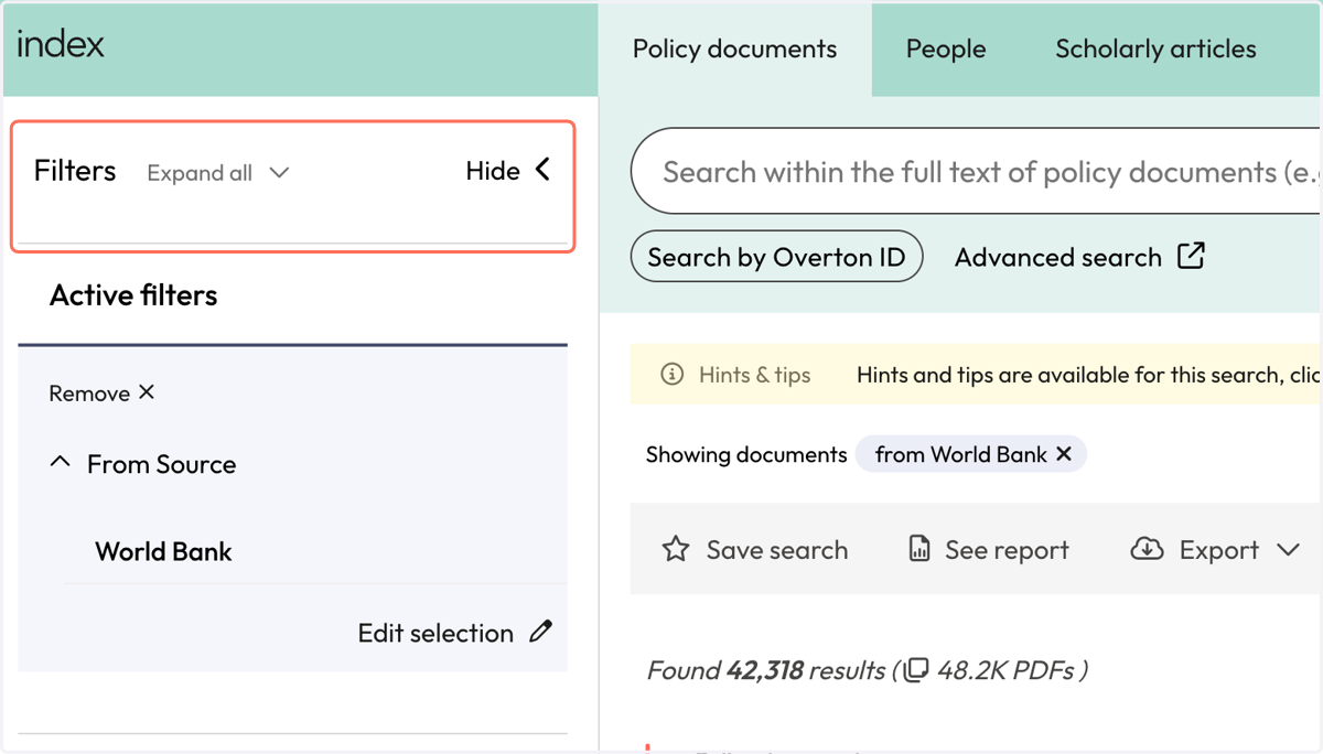 Use filters to narrow down your results to find a subset of documents from your source.