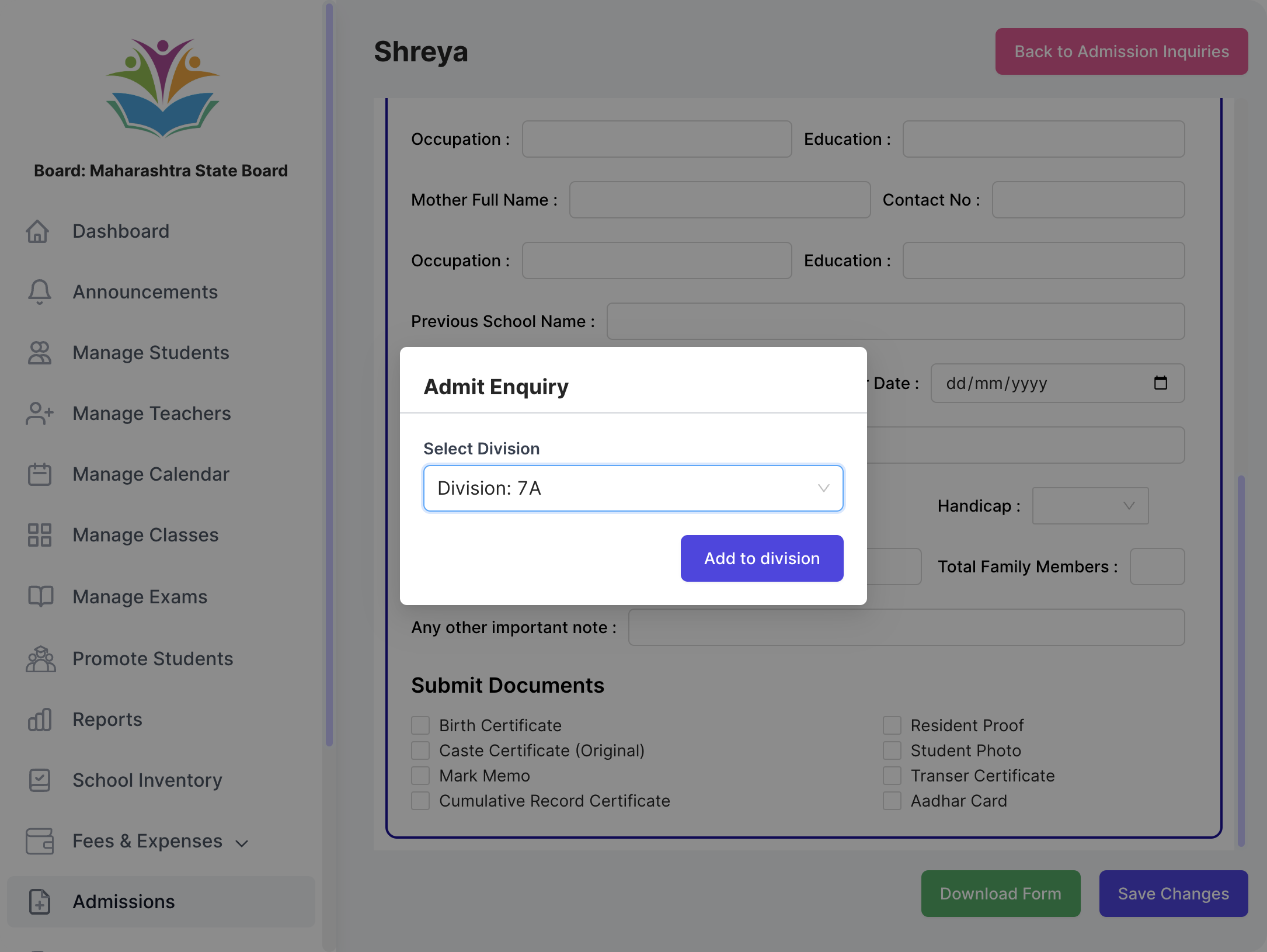 Select which division to admit the student to