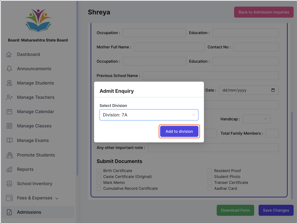 Select which division to admit the student to