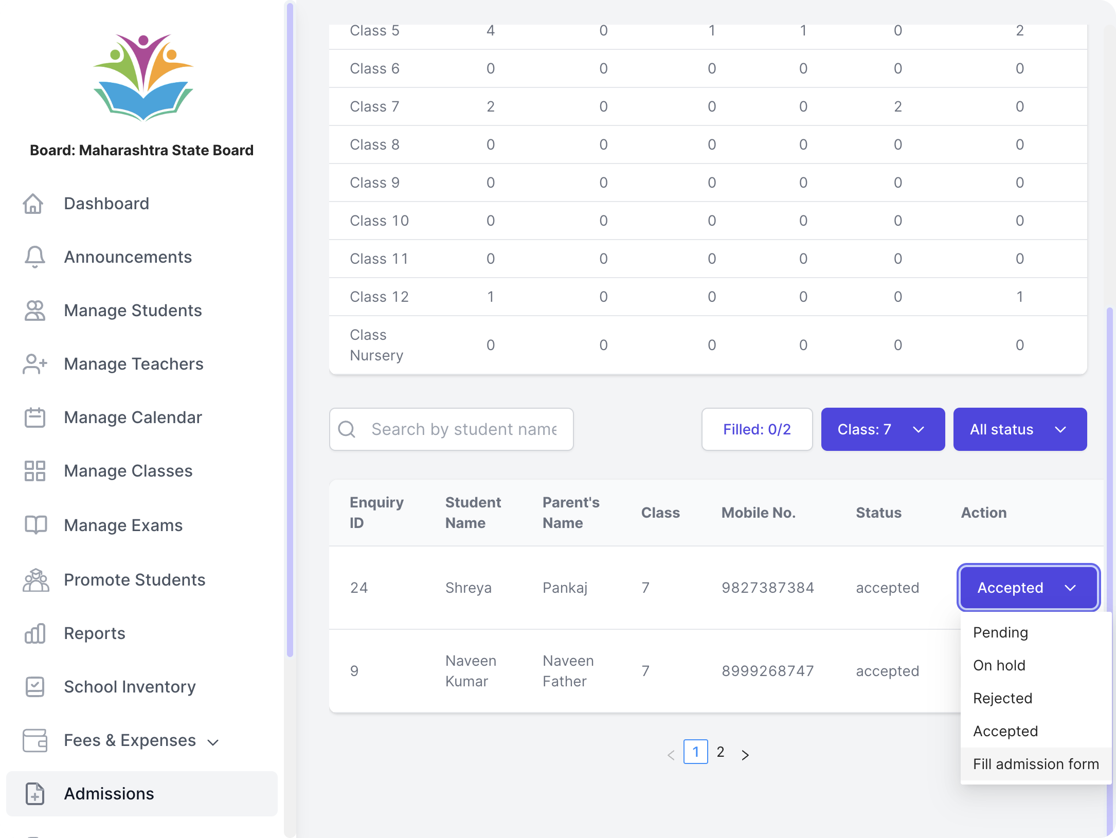 For admitting the student click on fill admission form