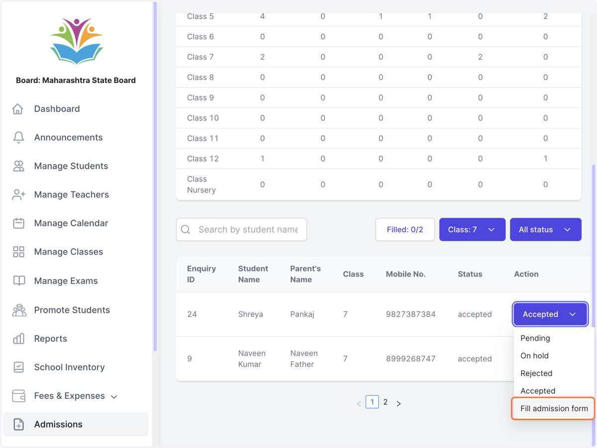 For admitting the student click on fill admission form