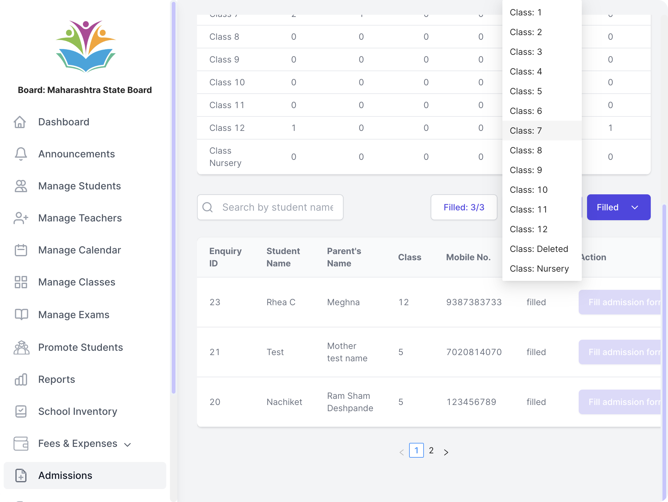 Filter list of enquiries by class and status