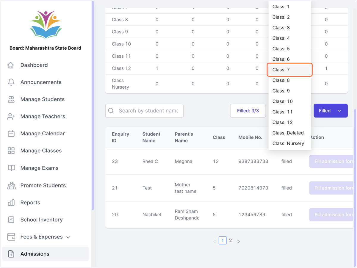 Filter list of enquiries by class and status