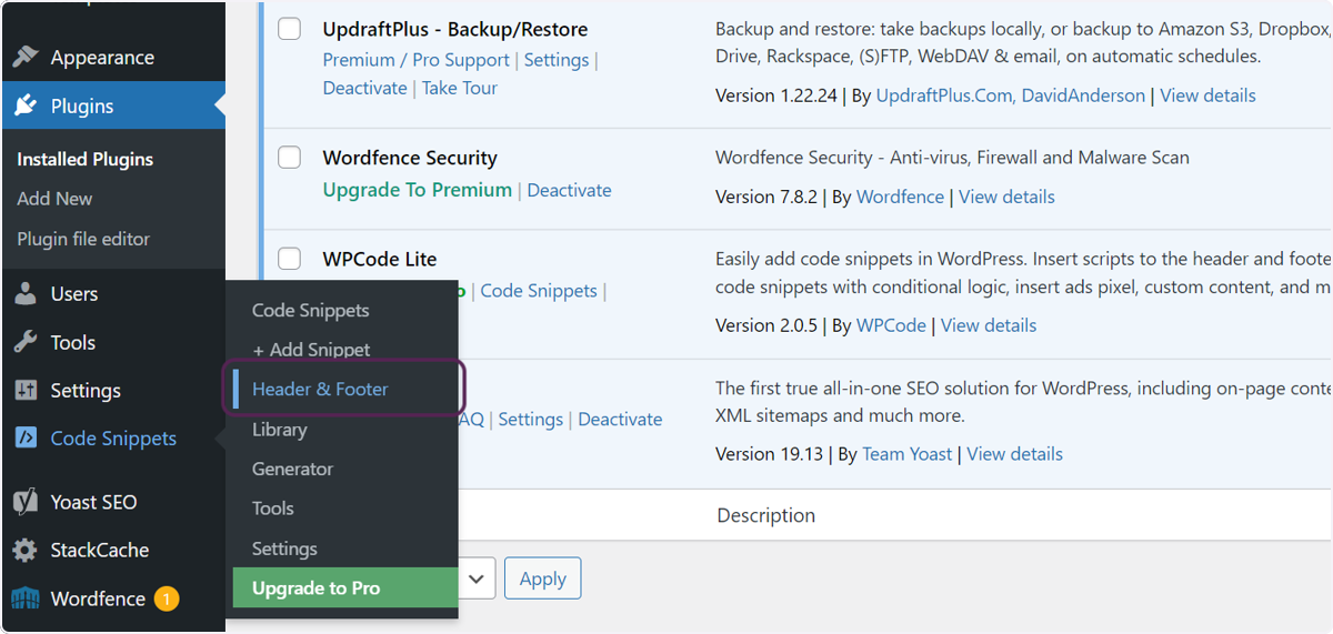 Screenshot of the user hovering over the Code Snippets option then clicking the Header & Footer option.