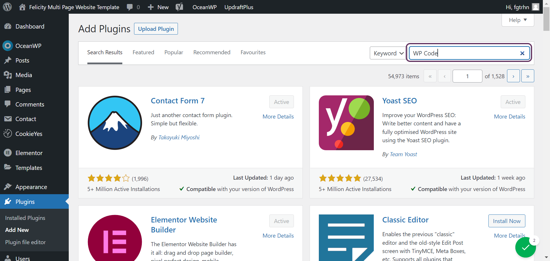 Screenshot of the user typing "WP Code" into the search text box.