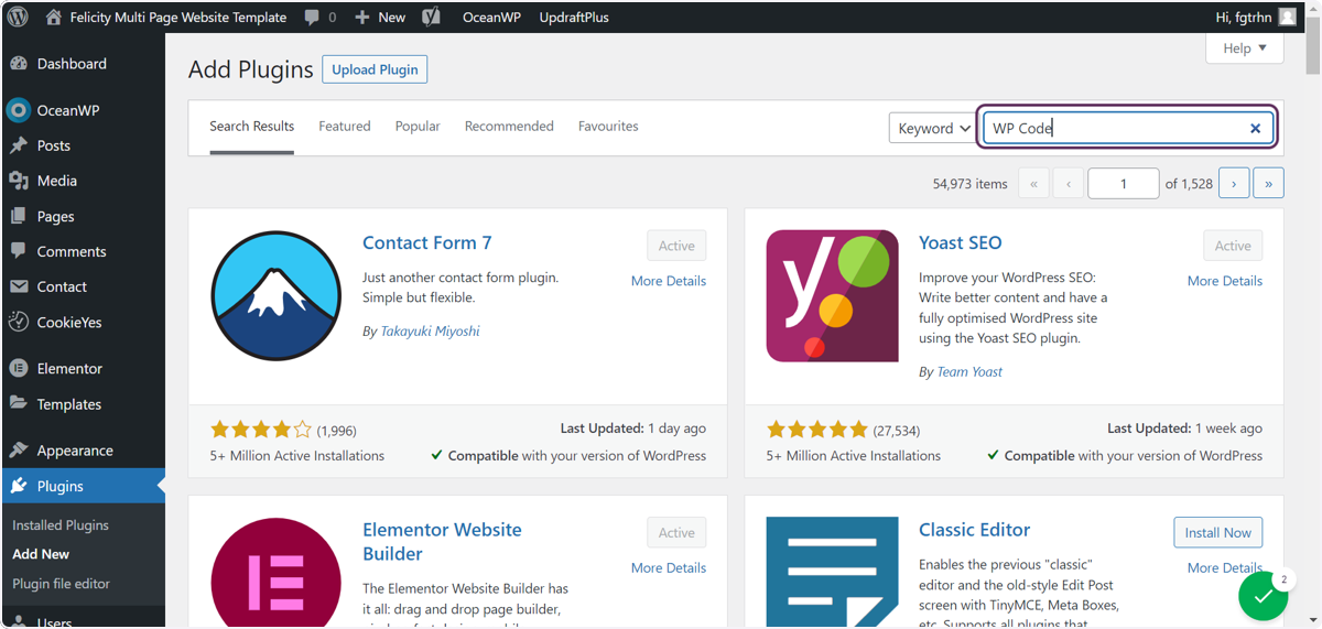 Screenshot of the user typing "WP Code" into the search text box.
