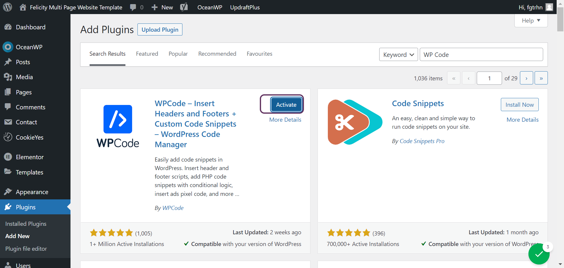 Screenshot of the user clicking on the Activate button for the result titled: WPCode - Insert Headers and Footers + Custom Code Snippets - WordPress Code Manager.
