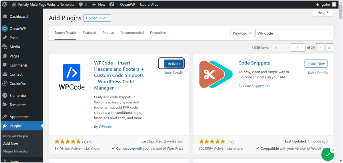 Screenshot of the user clicking on the Activate button for the result titled: WPCode - Insert Headers and Footers + Custom Code Snippets - WordPress Code Manager.