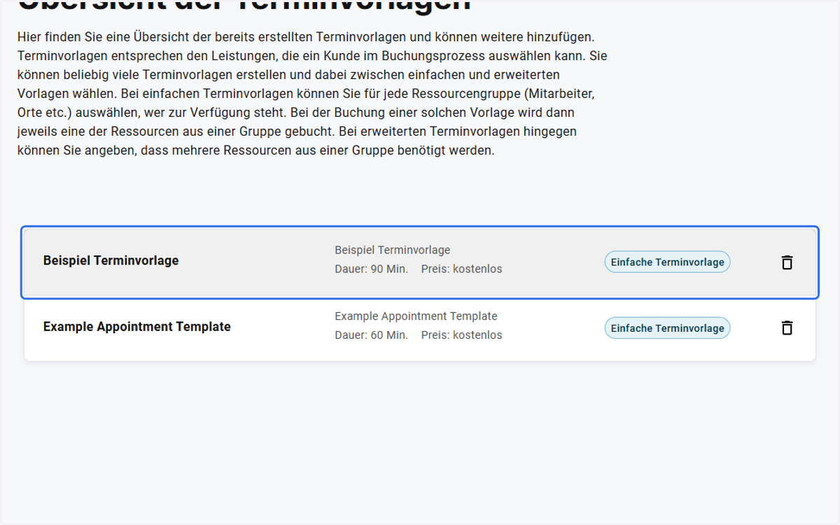 Wählen Sie die Terminvorlage aus die Sie ändern wollen