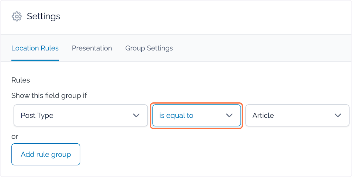 In the following field, select 'is equal to' from the dropdown