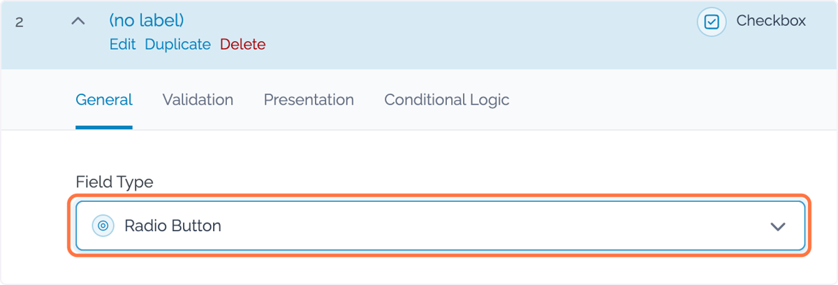 Below 'Field Type' choose the desired UI for your custom field from the dropdown, e.g. Radio Buttons Below 'Field Type' choose the desired UI for your custom field from the dropdown, e.g. Radio Buttons