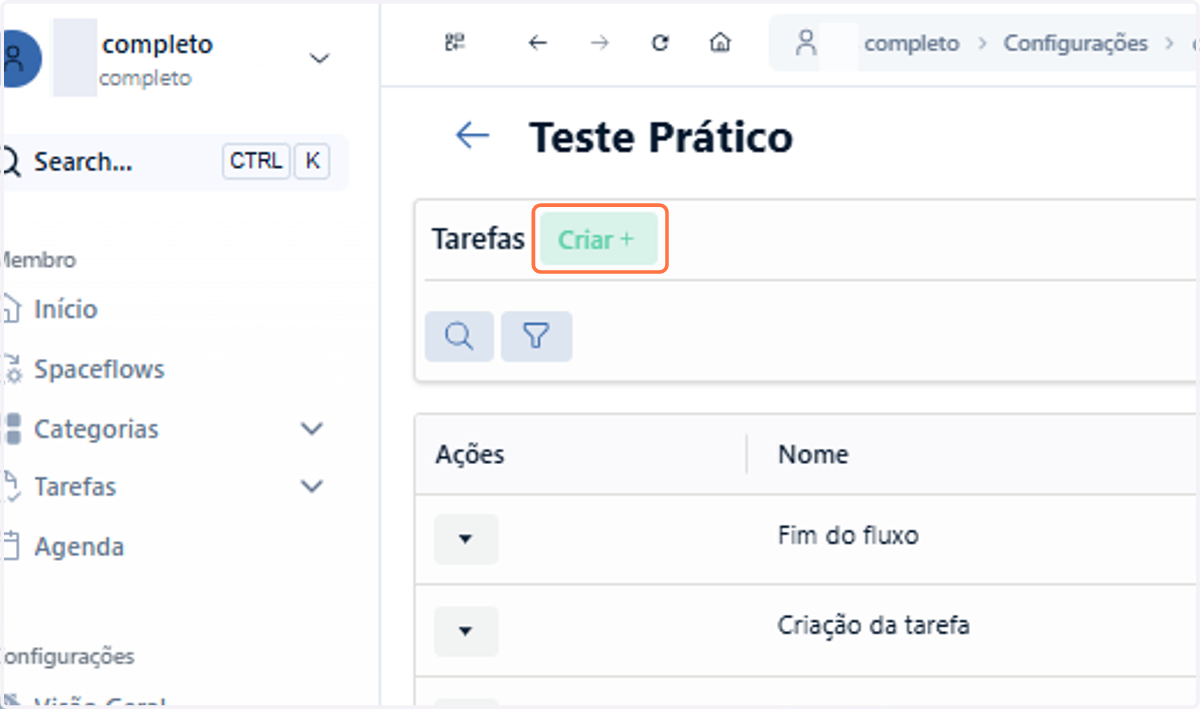 Clique em Criar para configurar uma nova tarefa no fluxo