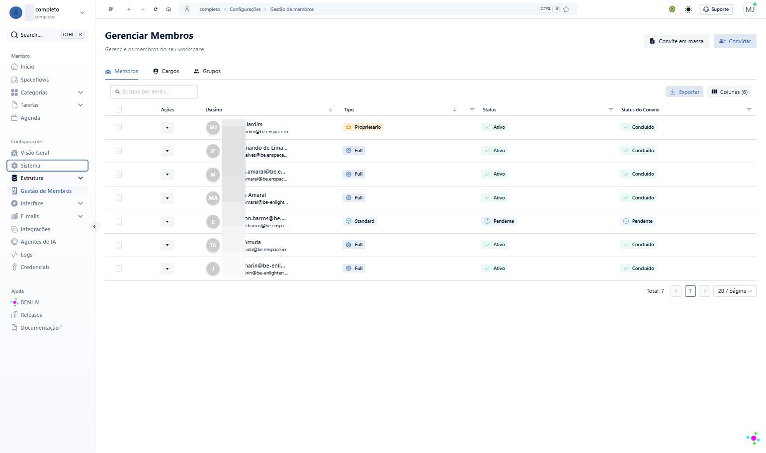 Para acessar as configurações de chancela única em tarefas, vá ao menu Estrutura