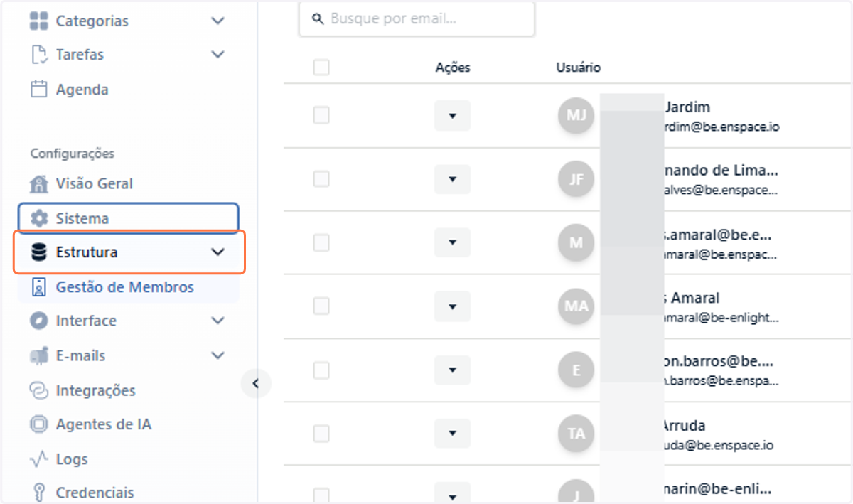 Para acessar as configurações de chancela única em tarefas, vá ao menu Estrutura