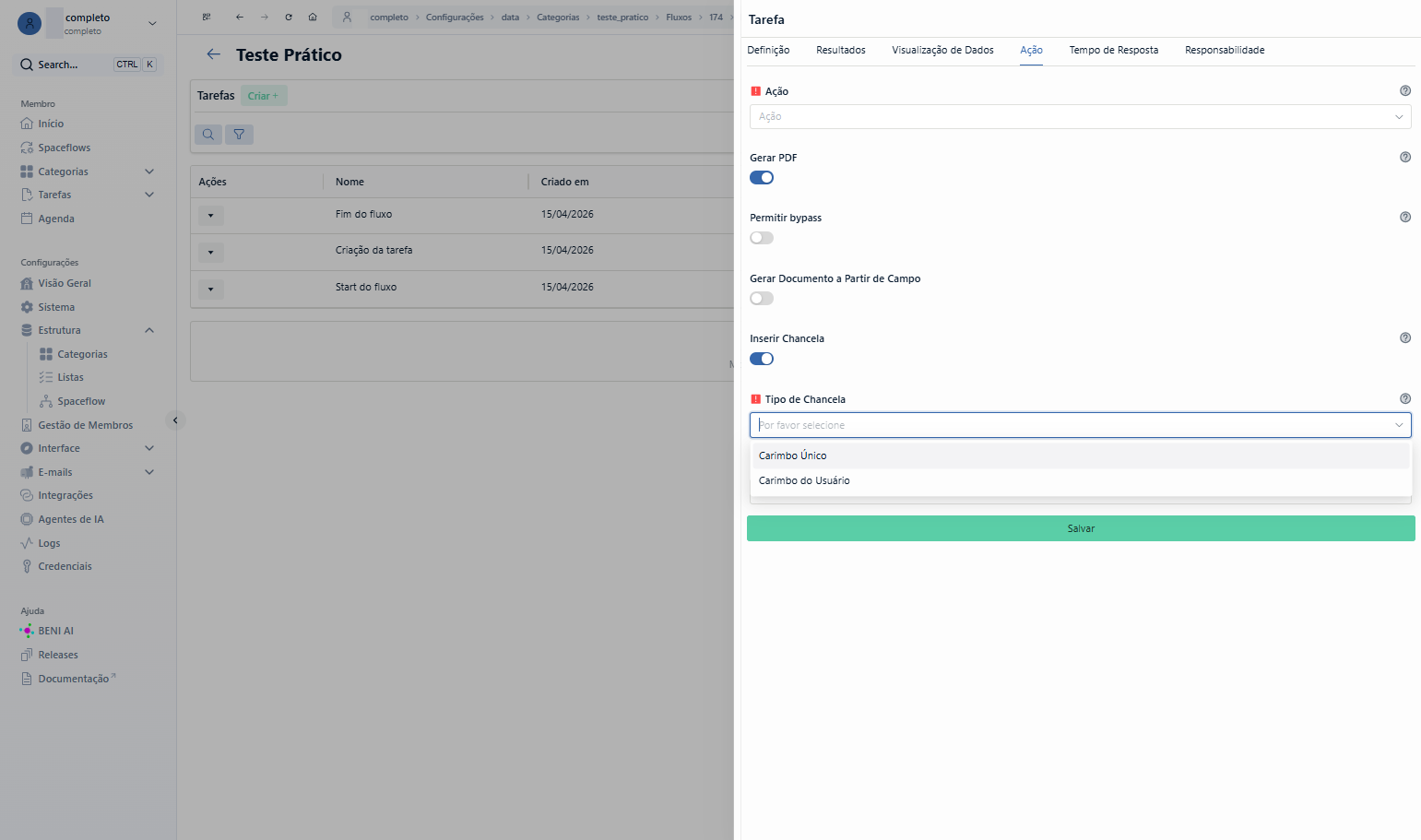 Se quiser utilizar a mesma chancela para todos os documentos do fluxo, selecione Carimbo Único no campo Tipo de Chancela