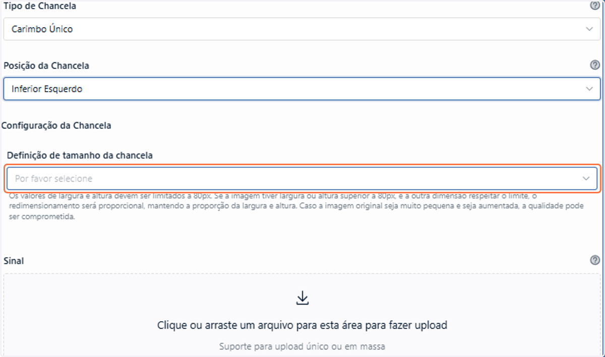 Você verá uma opção de Definição de tamanho da chancela