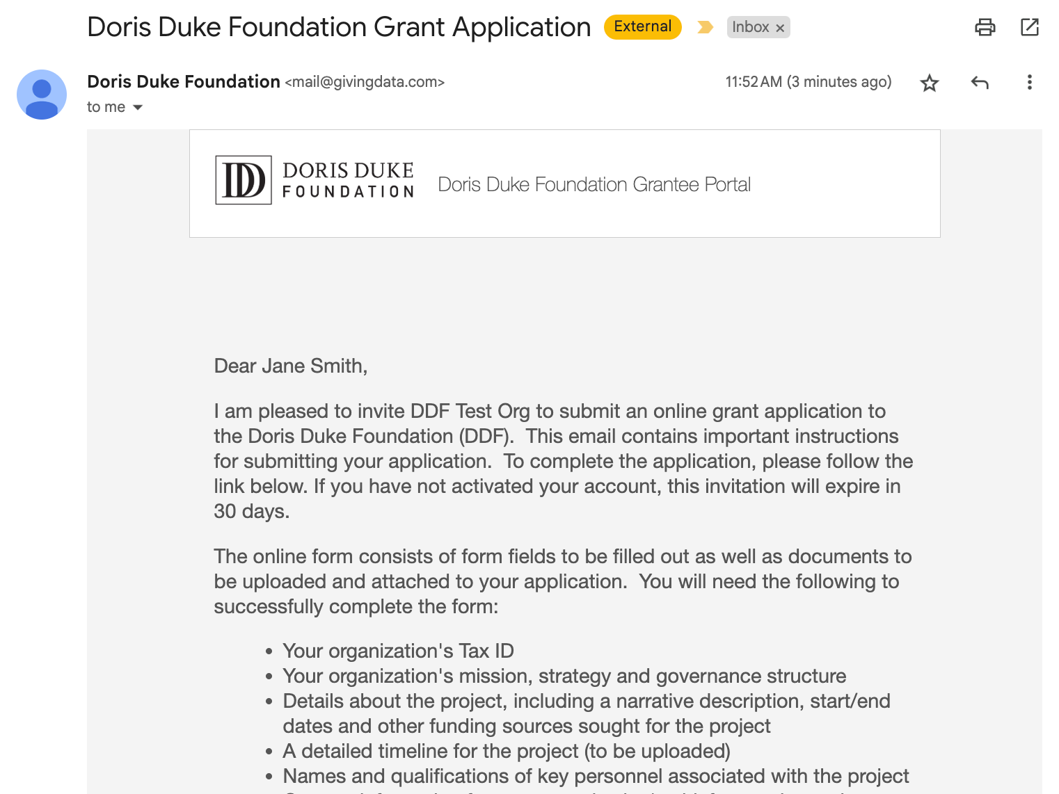 Open your application invitation email from the Doris Duke Foundation.