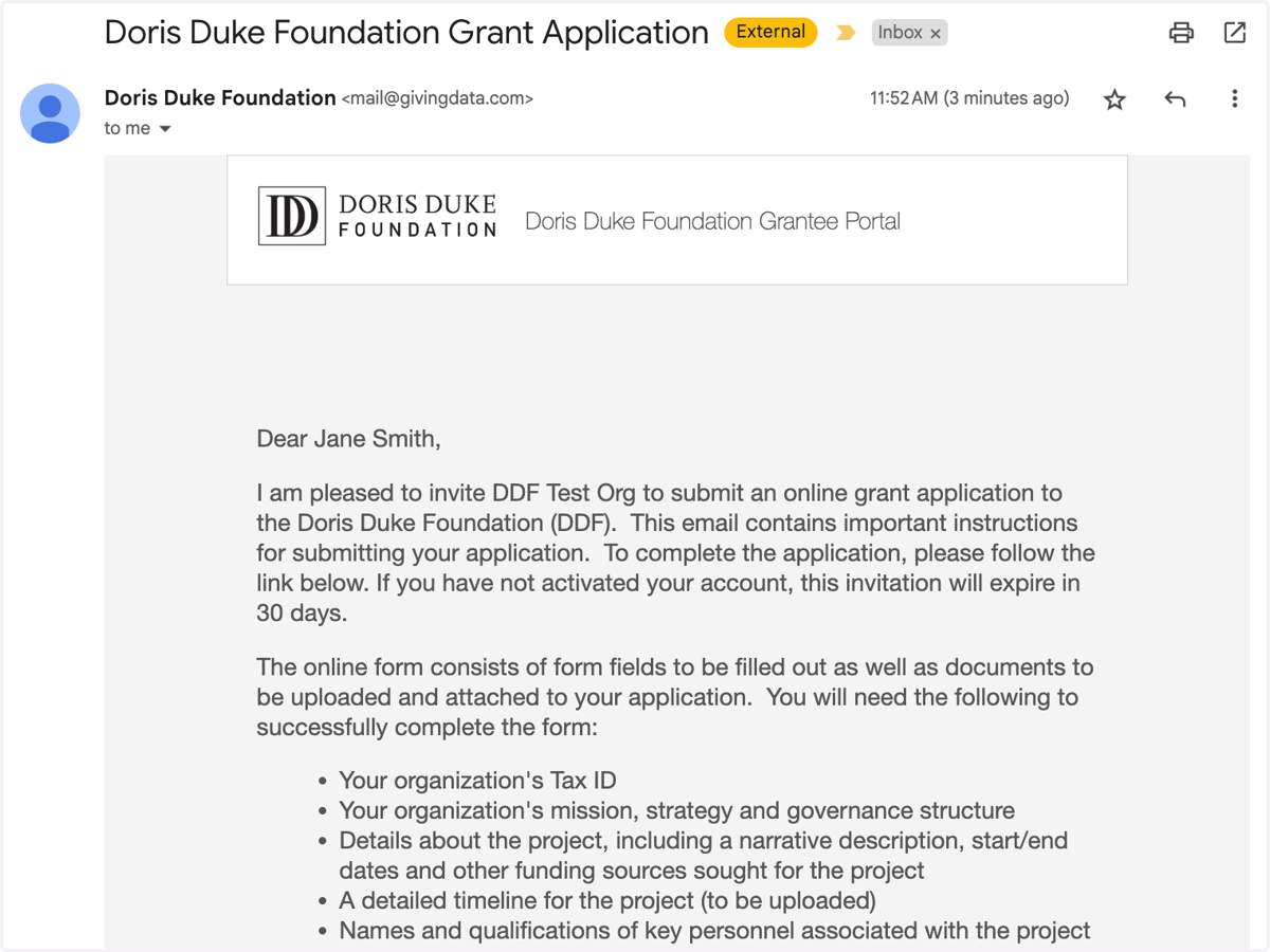 Open your application invitation email from the Doris Duke Foundation.