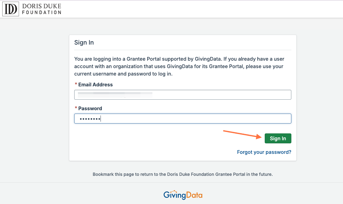 Enter your GivingData grantee portal credentials and click 'Sign In'.