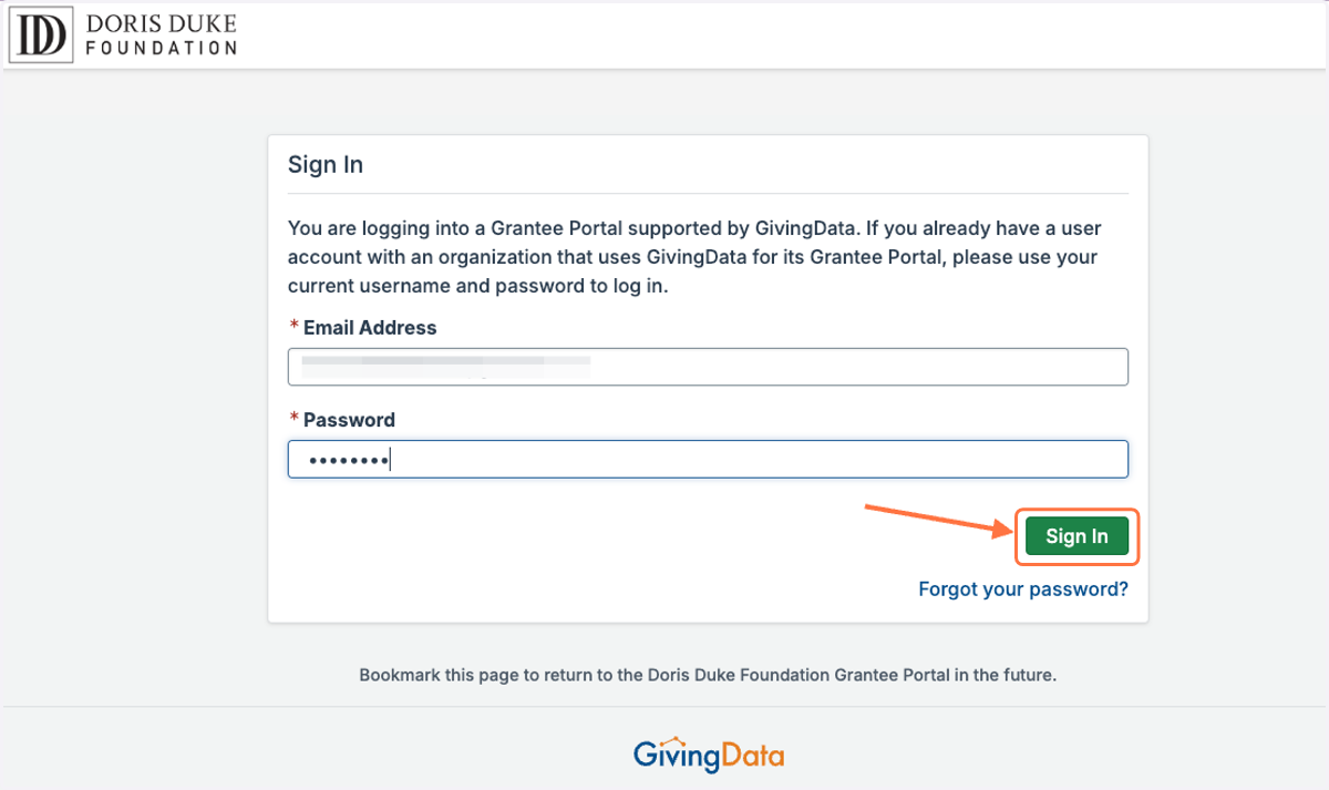 Enter your GivingData grantee portal credentials and click 'Sign In'.