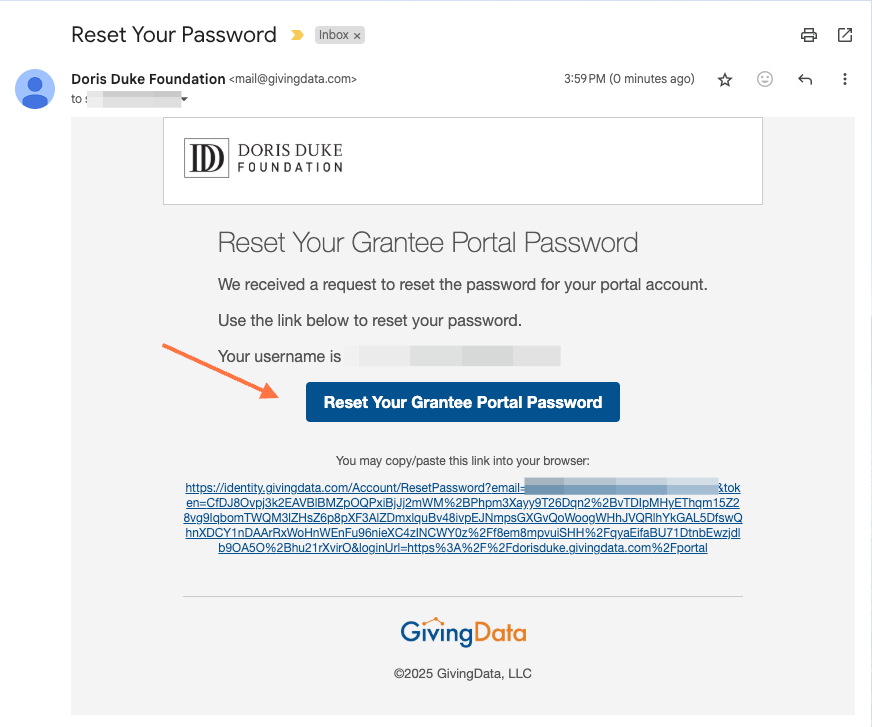 You will receive an email from mail@givingdata.com. Click the link in the email to proceed.