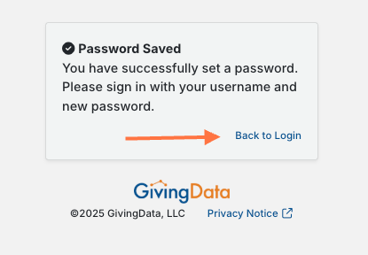 From the confirmation screen, click 'Back to Login'.