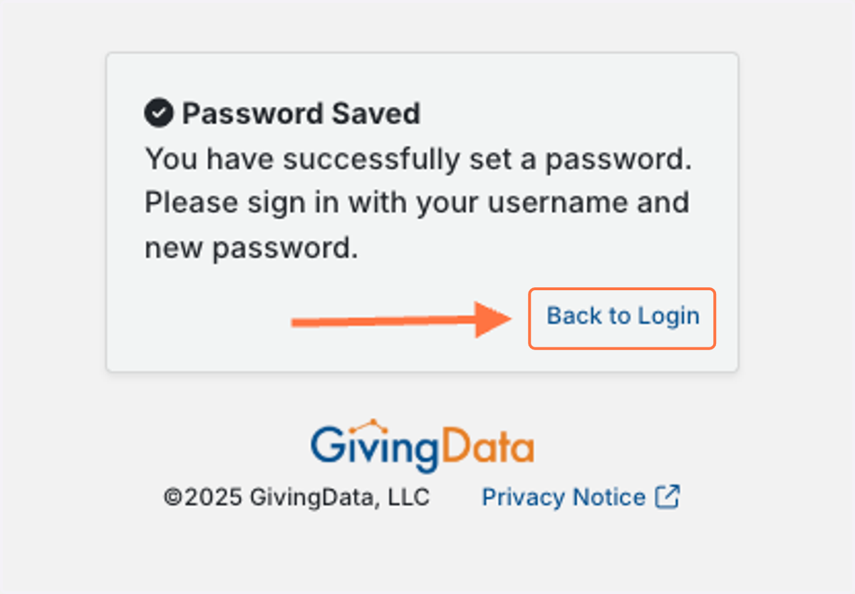 From the confirmation screen, click 'Back to Login'.