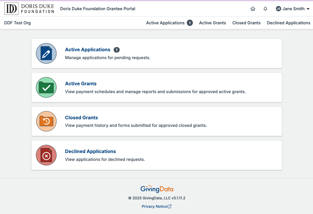 Once logged in, you will see your Grantee Portal home page.