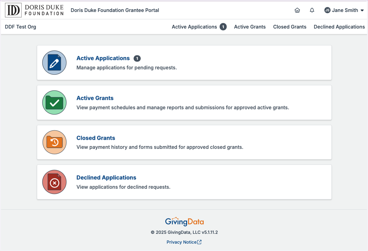 Once logged in, you will see your Grantee Portal home page.