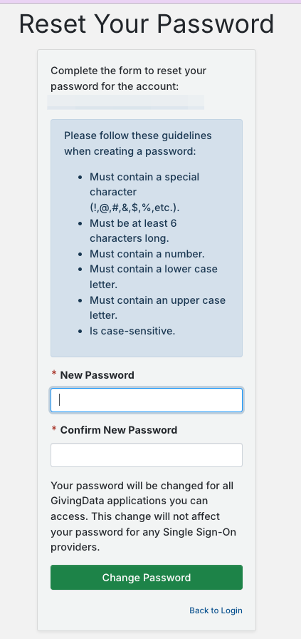 Enter in and confirm your new password, then click 'Change Password'.