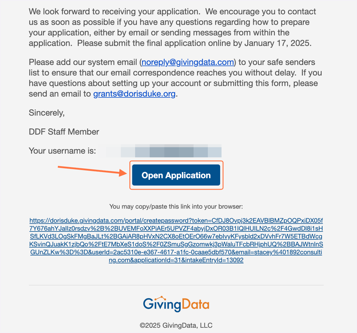 At the bottom of the email, click 'Open Application'.