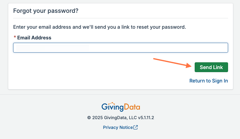 Enter your email address and click 'Send Link'.