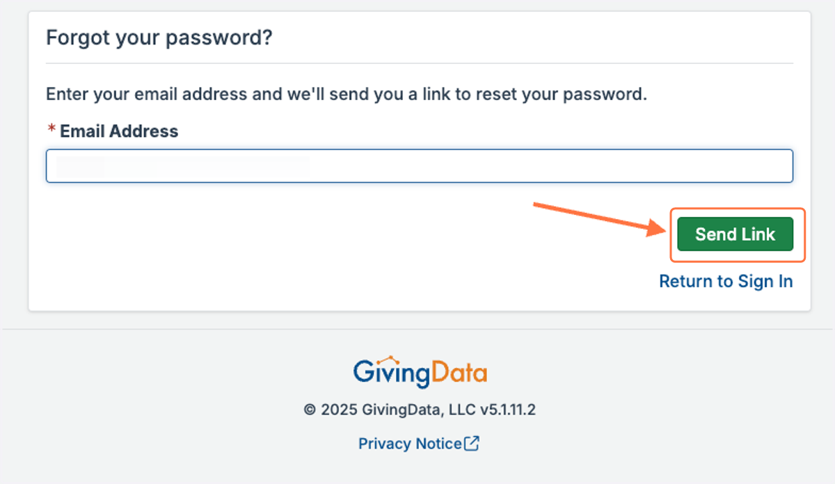 Enter your email address and click 'Send Link'.