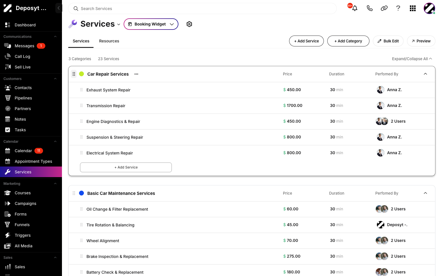 Step 3: Click and drag the six-dot handle on the left side of each service or category to rearrange them.