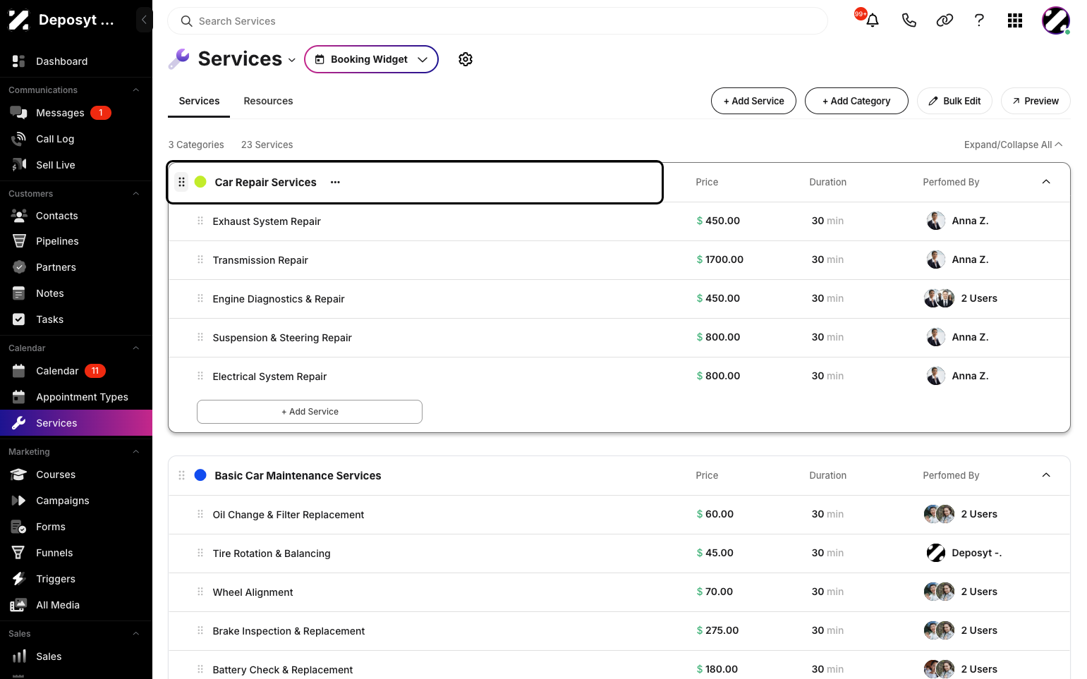 Step 3: Click and drag the six-dot handle on the left side of each service or category to rearrange them.
